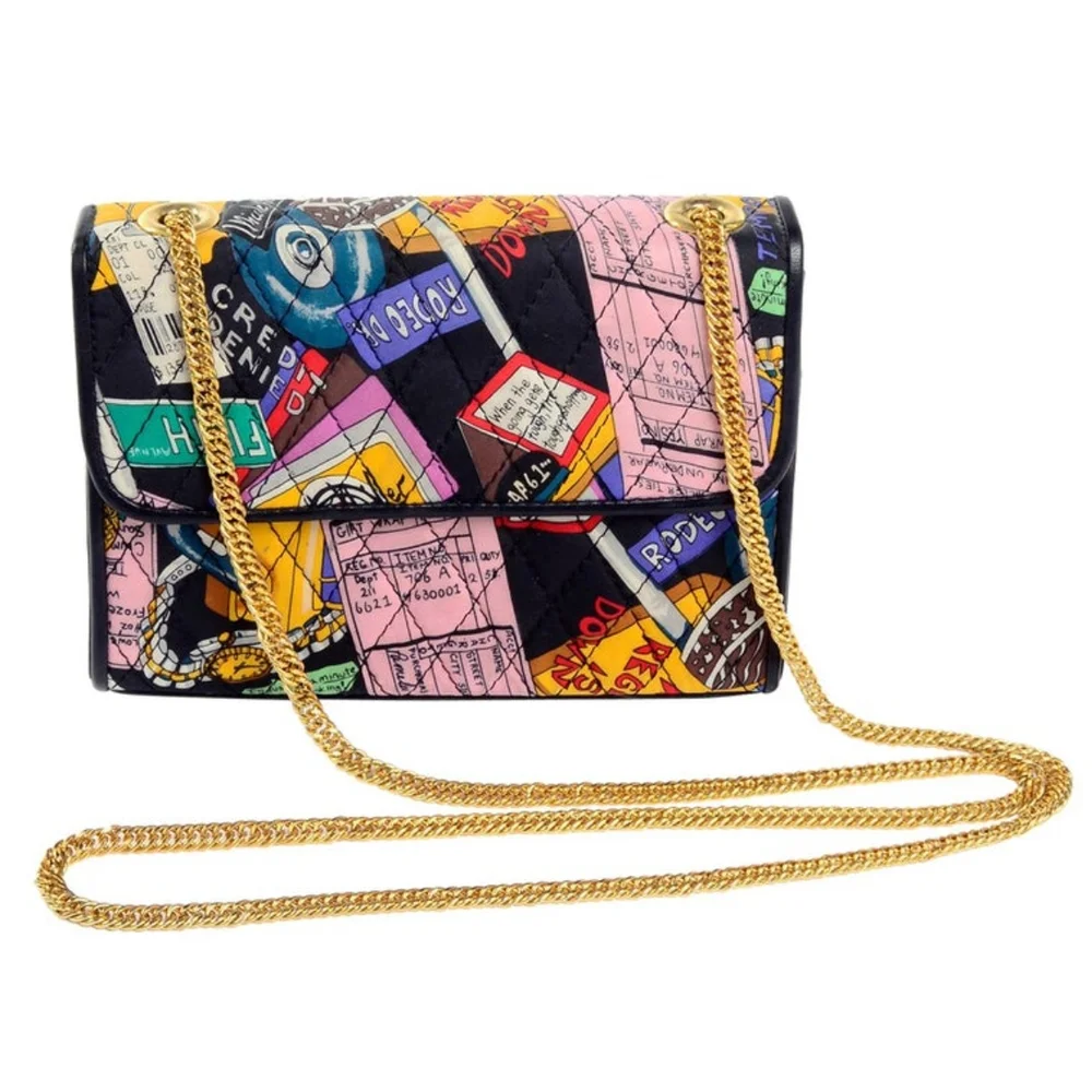 Nicole Miller Quilted Silk VGold  Print Shoulder Bag with Glos - Picture 3 of 6